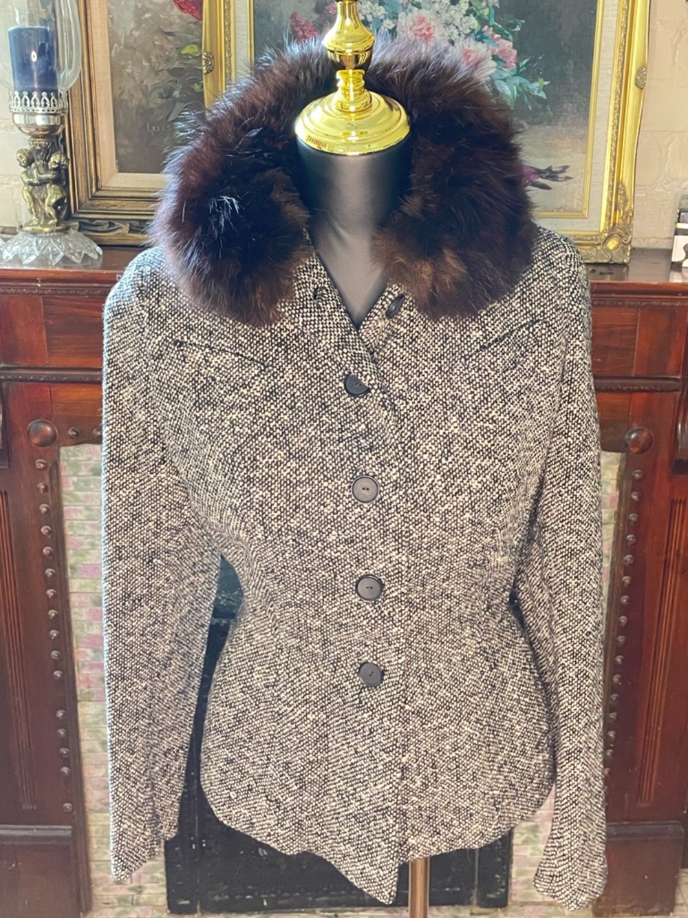 Women's Black & White Tweed Jacket with Brown Fur Collar